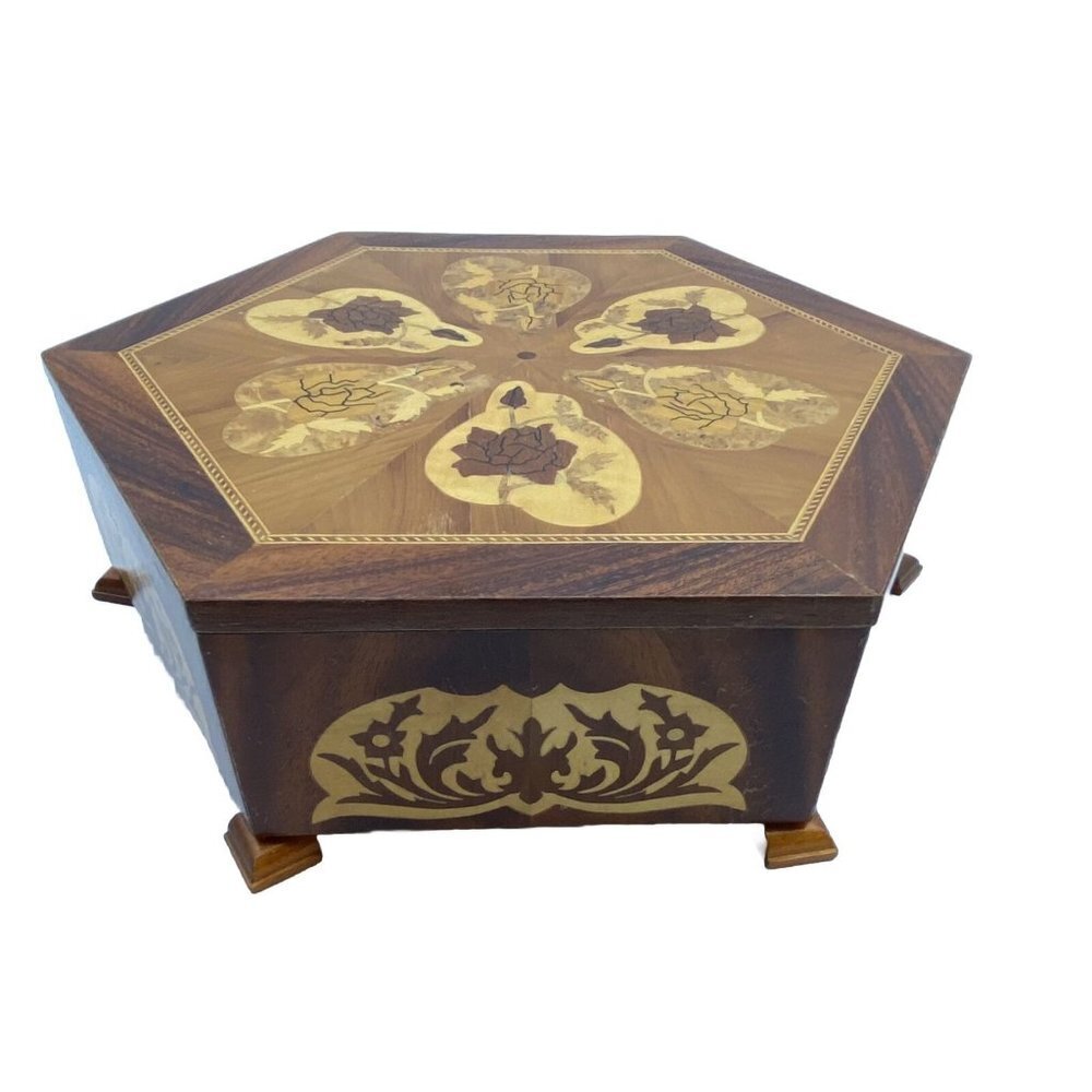 VTG Octagonal‎ Wood Box Handmade Floral Inlaid Marquetry 11" Trinket Artisan 70s